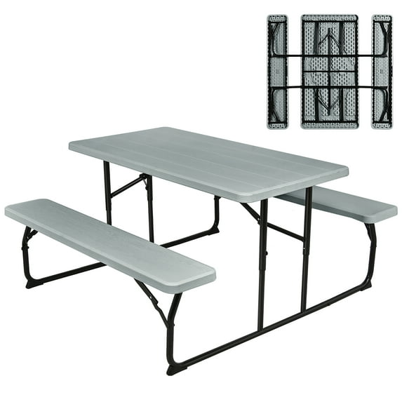 Costway Indoor & Outdoor Folding Picnic Table Bench Set w/ Wood-like Texture Grey