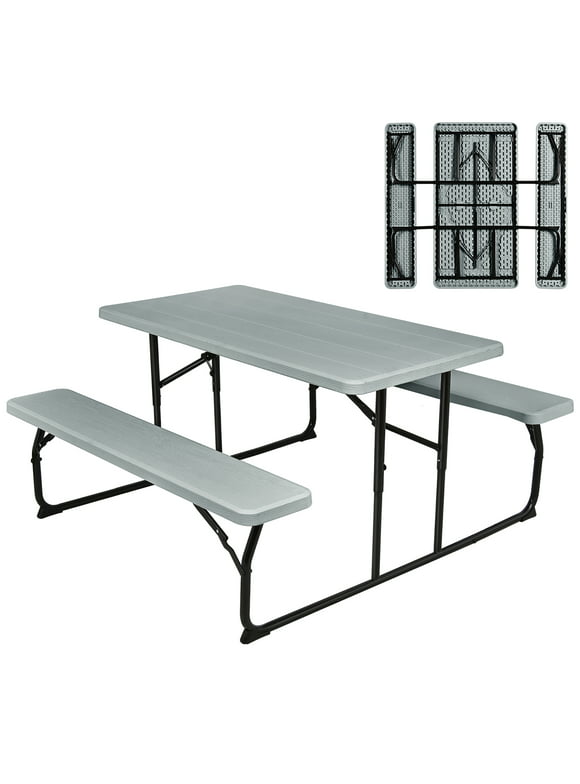 Costway Indoor & Outdoor Folding Picnic Table Bench Set w/ Wood-like Texture Grey