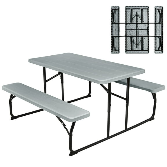 Costway Indoor & Outdoor Folding Picnic Table Bench Set w/ Wood-like Texture Grey