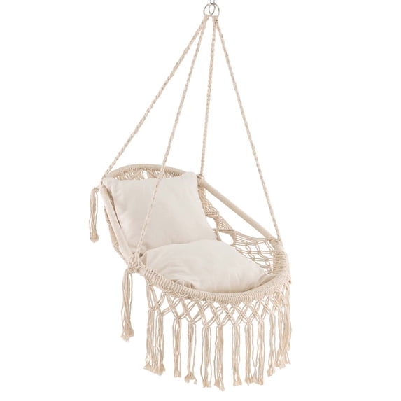 Costway Indoor Outdoor Macrame Swing with Soft Seat Cushions Sturdy Hanging Rope & Chain