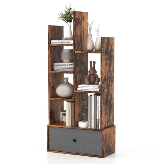 Costway Industrial Bookshelf Rustic Wooden Shelf Organizer with Non-woven Fabric Drawer Brown