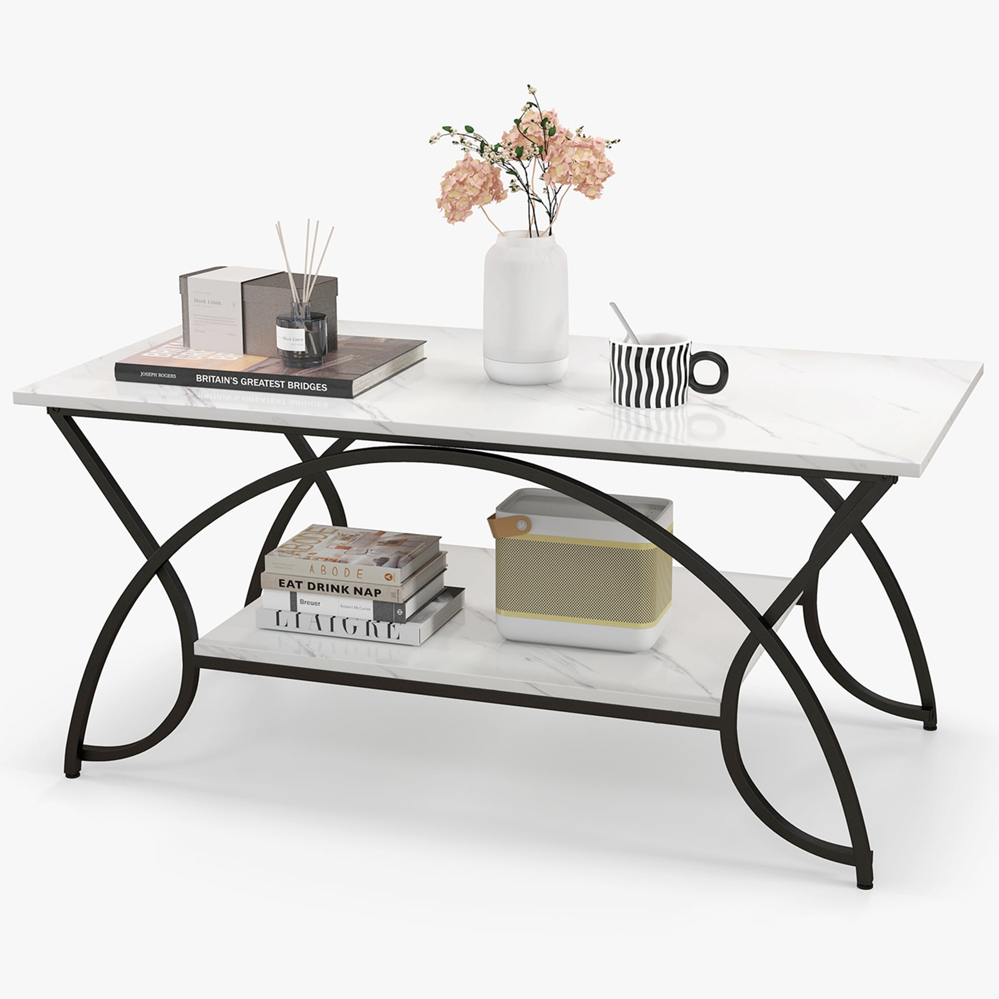 Costway Industrial Engineered Wood Coffe Table with Storage Shelf, White