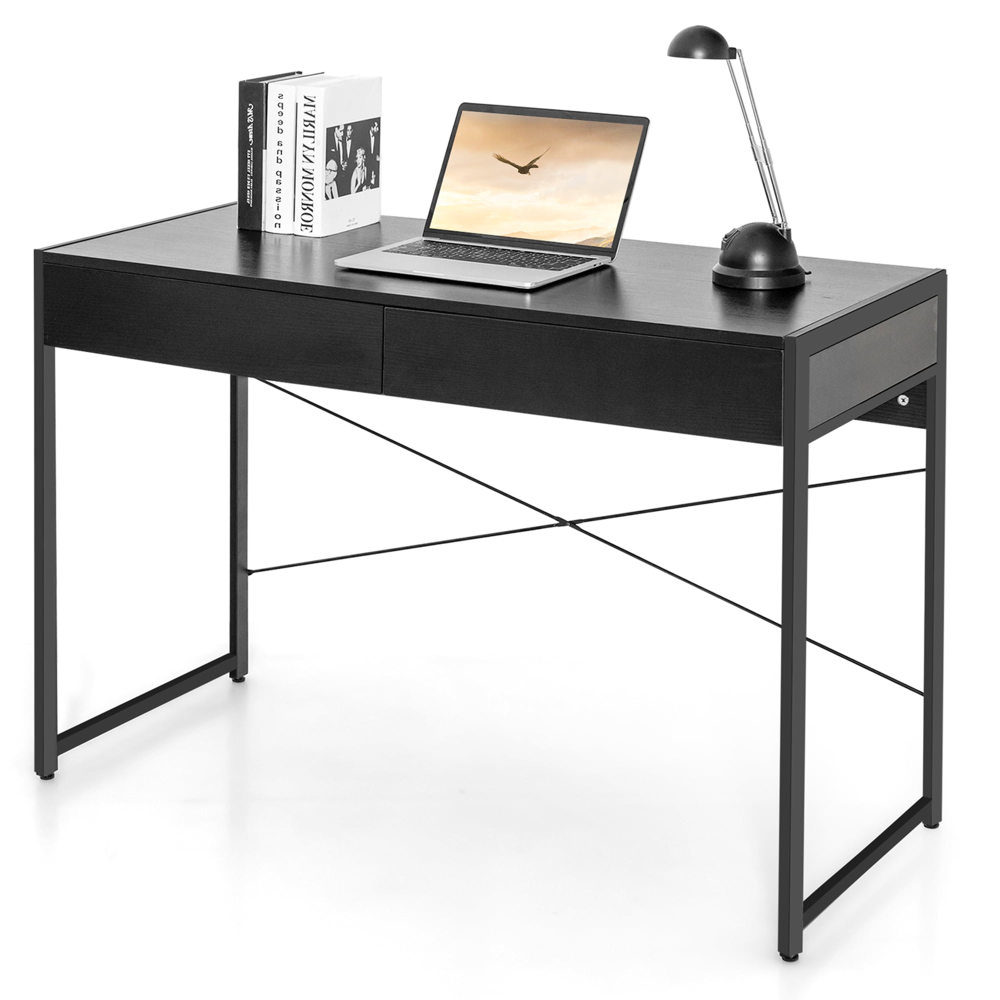 Costway Industrial Style X-Shaped Computer Desk with 2 Drawers and ...