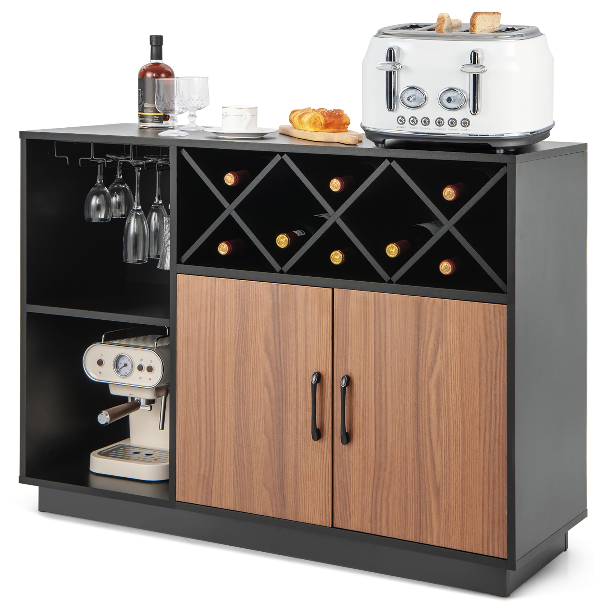 Costway Industrial Wine Bar Cabinet Sideboard Buffet with Glass Holder \u0026 Adjustable Shelf