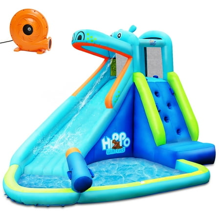 Costway Inflatable Kids Hippo Bounce House Slide Climbing Wall Splash Pool with 740W Blower