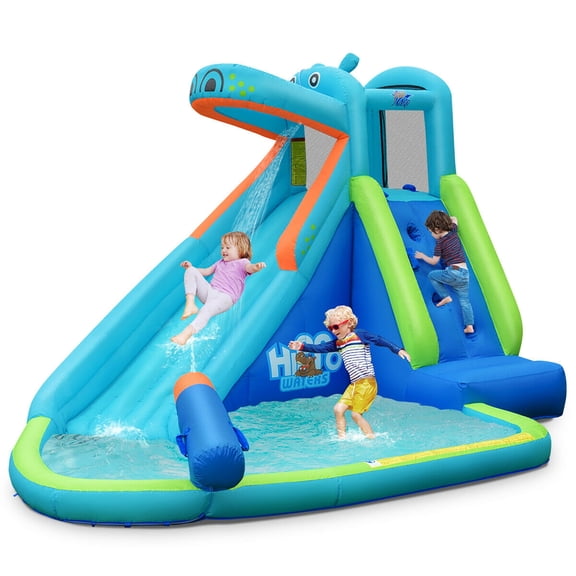 Costway Inflatable Kids Hippo Bounce House Slide Climbing Wall Splash Pool without Blower for Toddler, Bouncy Water Park