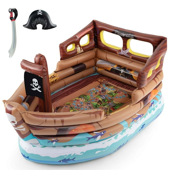 Costway Inflatable Pirate Ship Playhouse with Built in Motor Inflatable Toy Sword