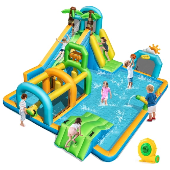 Costway Inflatable Water Park with Climbing Wall Basketball Rim Target Game & 680W Blower