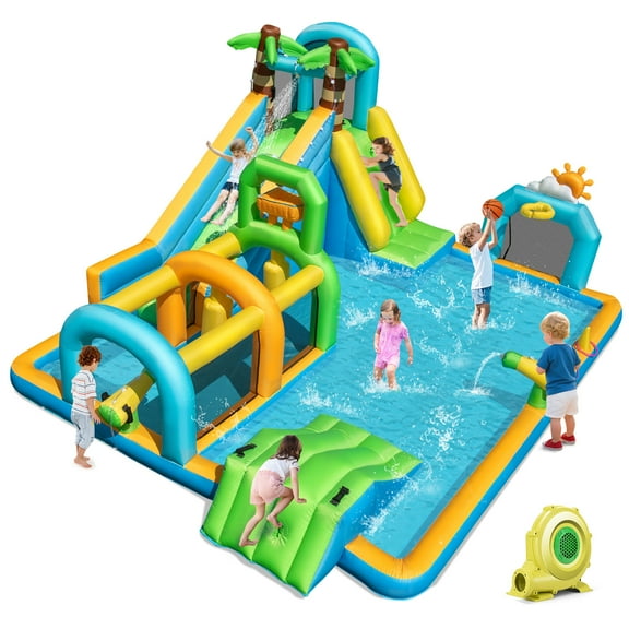 Costway Inflatable Water Park with Climbing Wall Basketball Rim Target Game & 735W Blower
