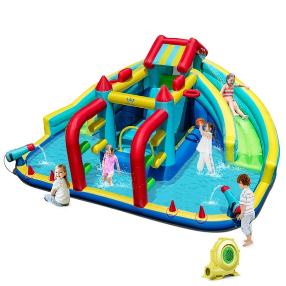 Costway Inflatable Water Park with Climbing Wall Splash Pool Water Cannons 735W Blower
