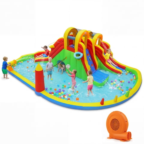 Costway Inflatable Water Slide Park with 2 Long Slides, Climbing Walls, Splash Pool with 750W Blower