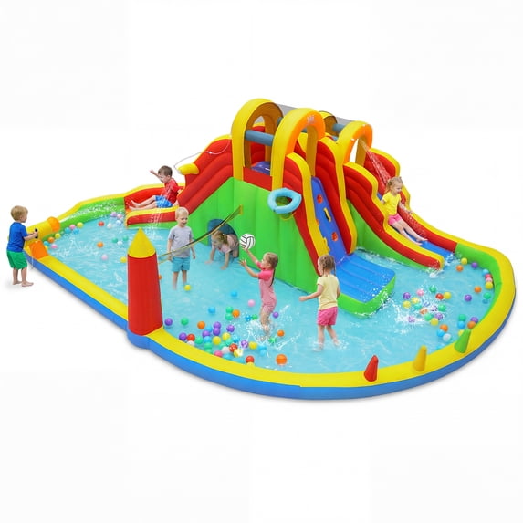 Costway Inflatable Water Slide Park with 2 Long Slides, Climbing Walls, Splash Pool without Blower