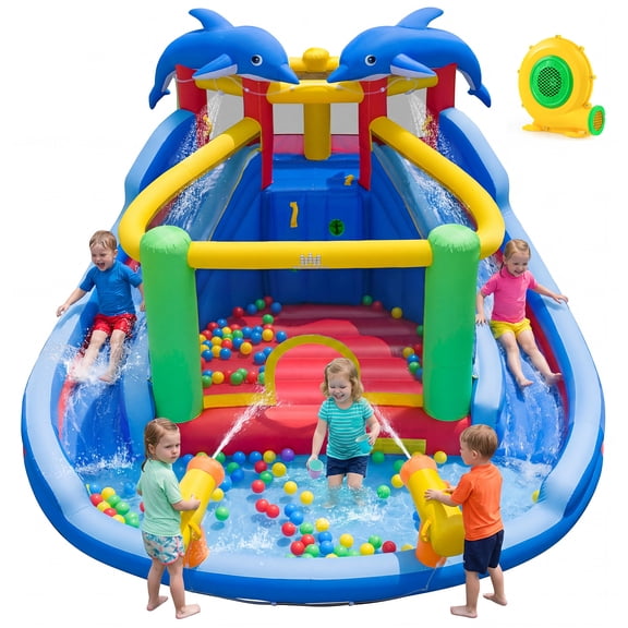Costway Inflatable Water Slide Park with Double Slides, Jumping Area, 680W Blower for Yard