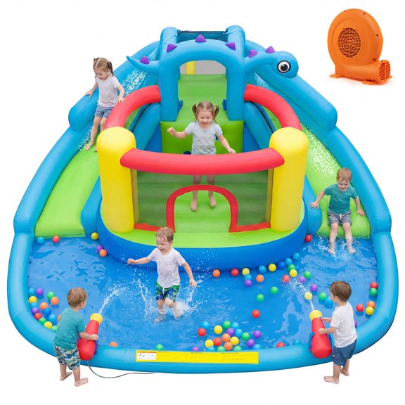 Costway Inflatable Water Slide Park with Double Slides Jumping Area Splash Pool 750W Blower Multi-colored