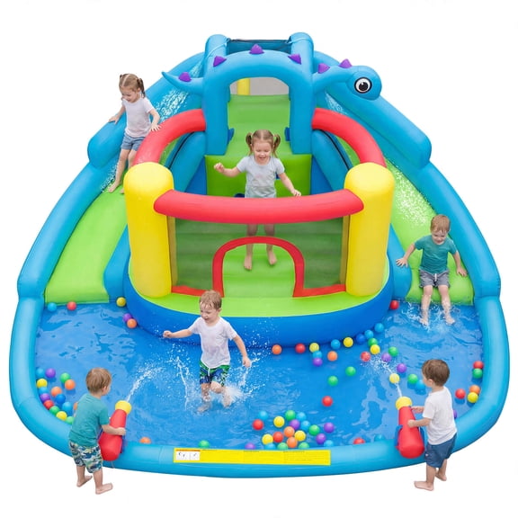 Costway Inflatable Water Slide Park with Double Slides, Jumping Area, Splash Pool for Yard Multi-colored