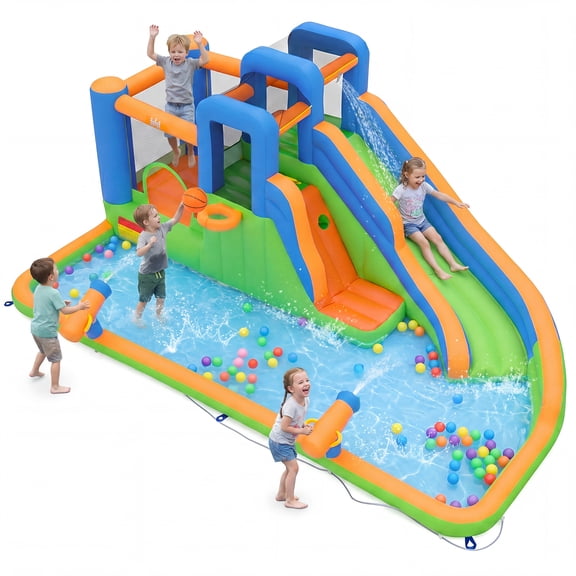 Costway Inflatable Water Slide Park with Slide, Jumping Area, Splash Pool, 2 Climbing Walls