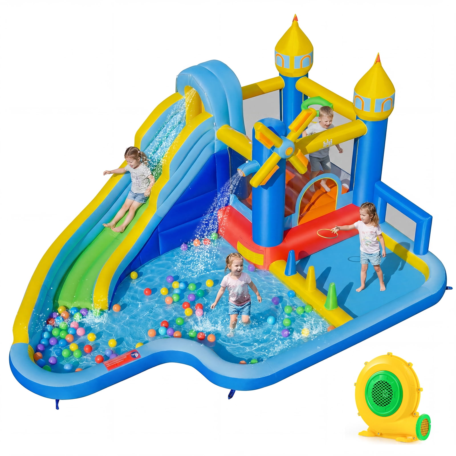 Costway Inflatable Water Slide Park with Slide, Jumping Area, Splash Pools, 680W Blower