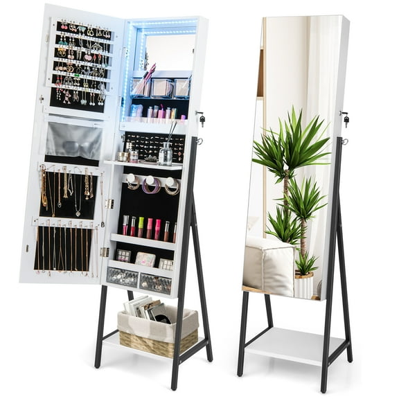 Costway Jewelry Cabinet Armoire 3 Color LED Modes Full-Length Frameless Mirror Lockable White