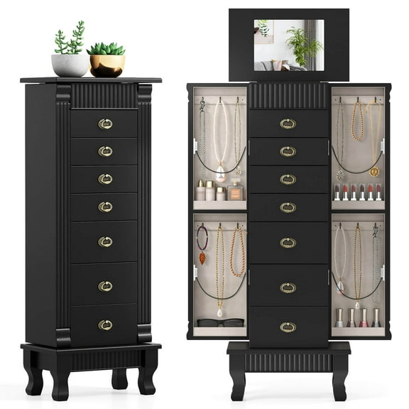 Costway Jewelry Cabinet Armoire Box Storage Chest Stand Organizer Wood Christmas Gift Black