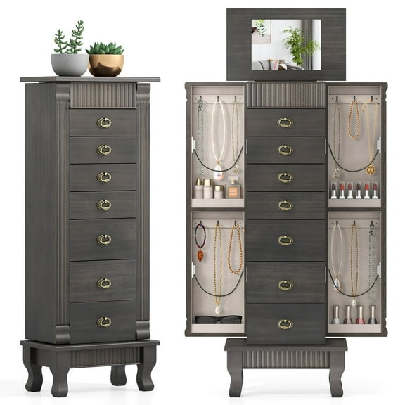 Costway Jewelry Cabinet Armoire Box Storage Chest Stand Organizer Wood Christmas Gift Gray