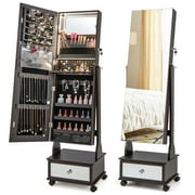 Costway Jewelry Cabinet Armoire Full-Length Mirror Lockable with 3-Color LED Lights Brown