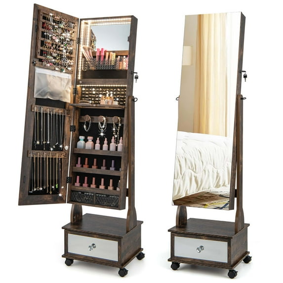 Costway Jewelry Cabinet Armoire Full-Length Mirror Lockable with 3-Color LED Lights Coffee