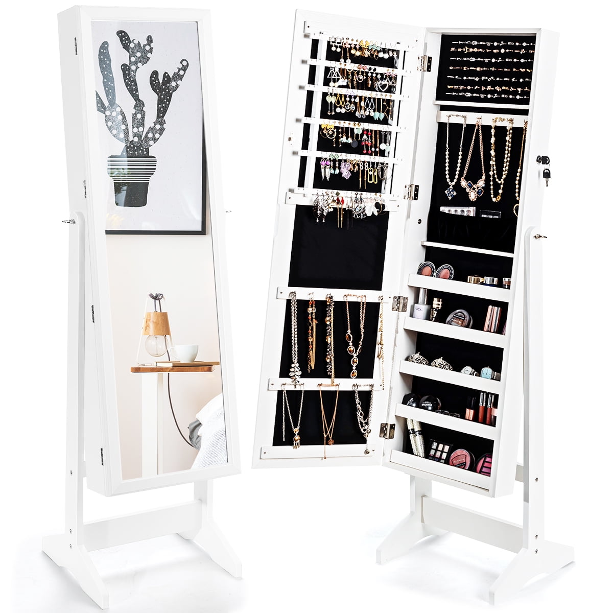 Gymax Jewelry Cabinet Large Full Length Armoire 2-in-1 Stand Mirror Organizer