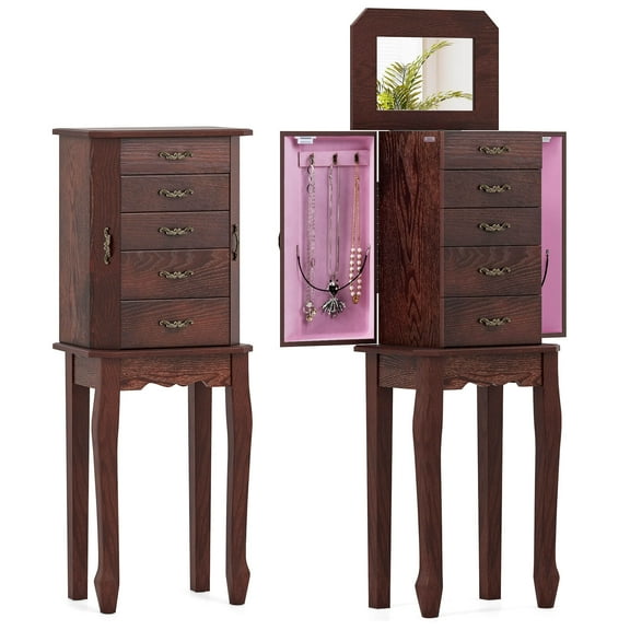 Costway Jewelry Cabinet Storage Chest Stand Organizer Wood Box for Home Walnut
