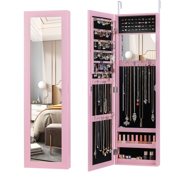 Costway Jewelry Cabinet with Full-Length Mirror, Storage Shelves, Built-in Makeup Mirror Pink