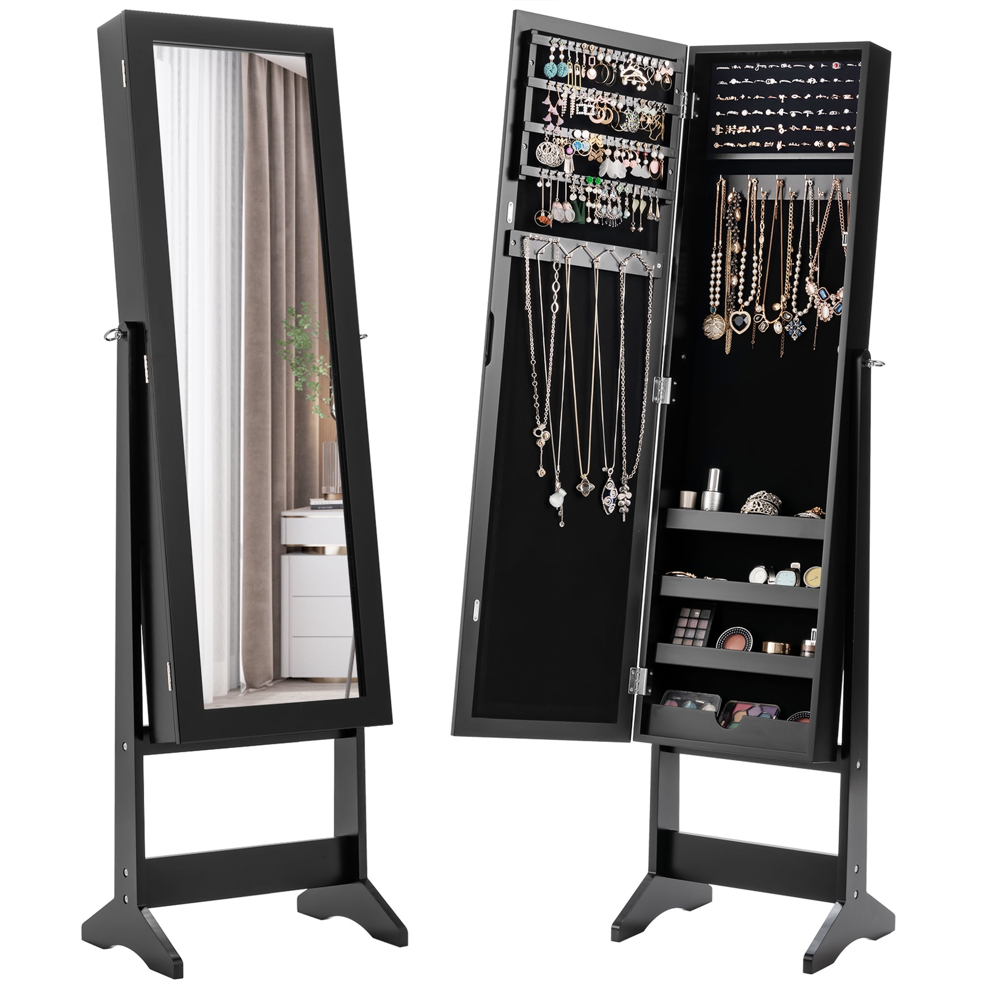 Costway 2-in-1 Jewelry Armoire & Full-Length Mirror, Wood Organizer Storage Box with Stand