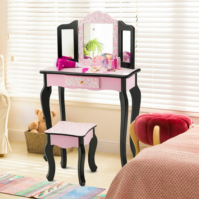 Costway Children's Vanity Set, Wooden Makeup Desk with Drawer, TriFolding Mirror, Leopard Print