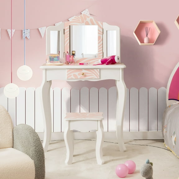 Costway Kid Vanity Set Wooden Makeup Table Stool Tri-Folding Mirror Polka Dot Print Light Pink