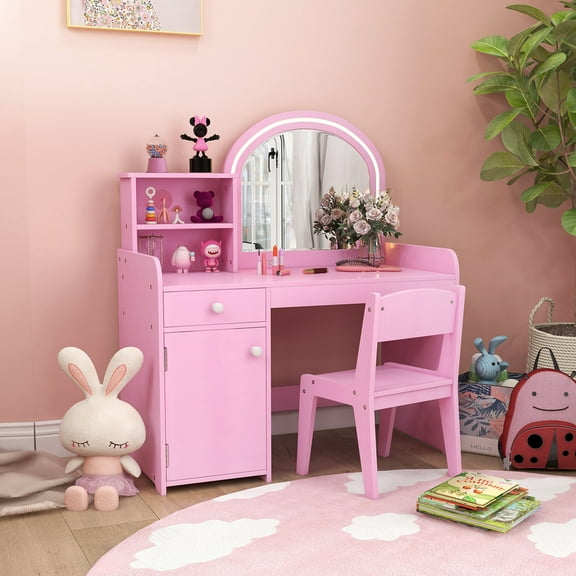 Costway Kid Vanity Table Chair Set 2-Color LED Lights Large Drawer Shelf Cabinet Pink