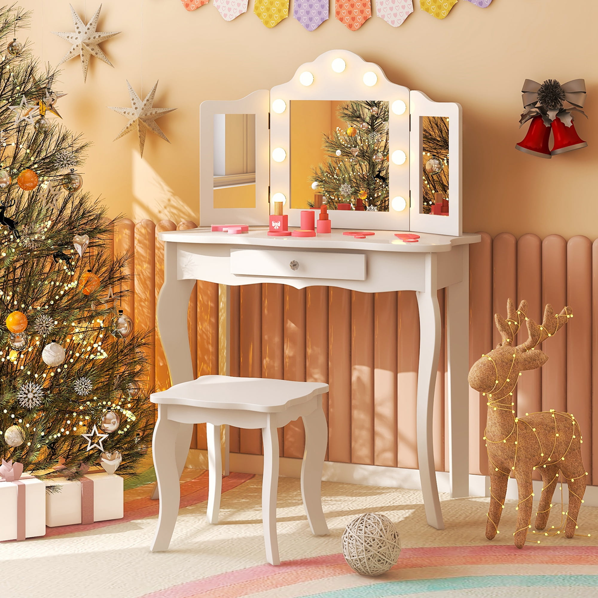 Costway Kids Vanity Table and Stool Set with Adjustable 3-Color