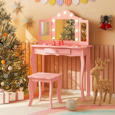 Costway Kid Vanity Table Stool Set Tri-Folding Mirror Adjustable 3-Color LED Lights Pink