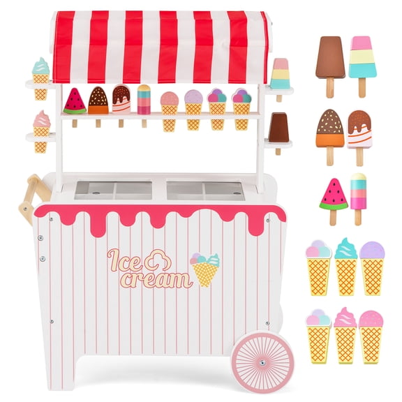 Costway Kid's Ice Cream Cart Food Trunk Play Toy Set with Display Rack & Accessories White + Red
