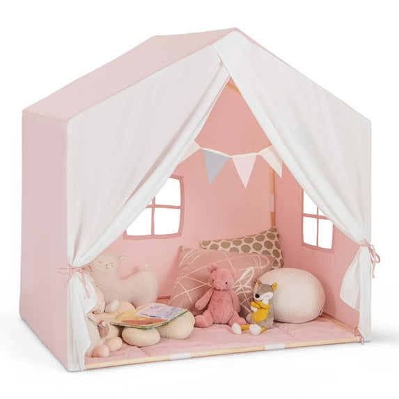 Costway Kid's Play Tent Toddler Playhouse Castle Solid Wood Frame with Washable Mat Pink Pink