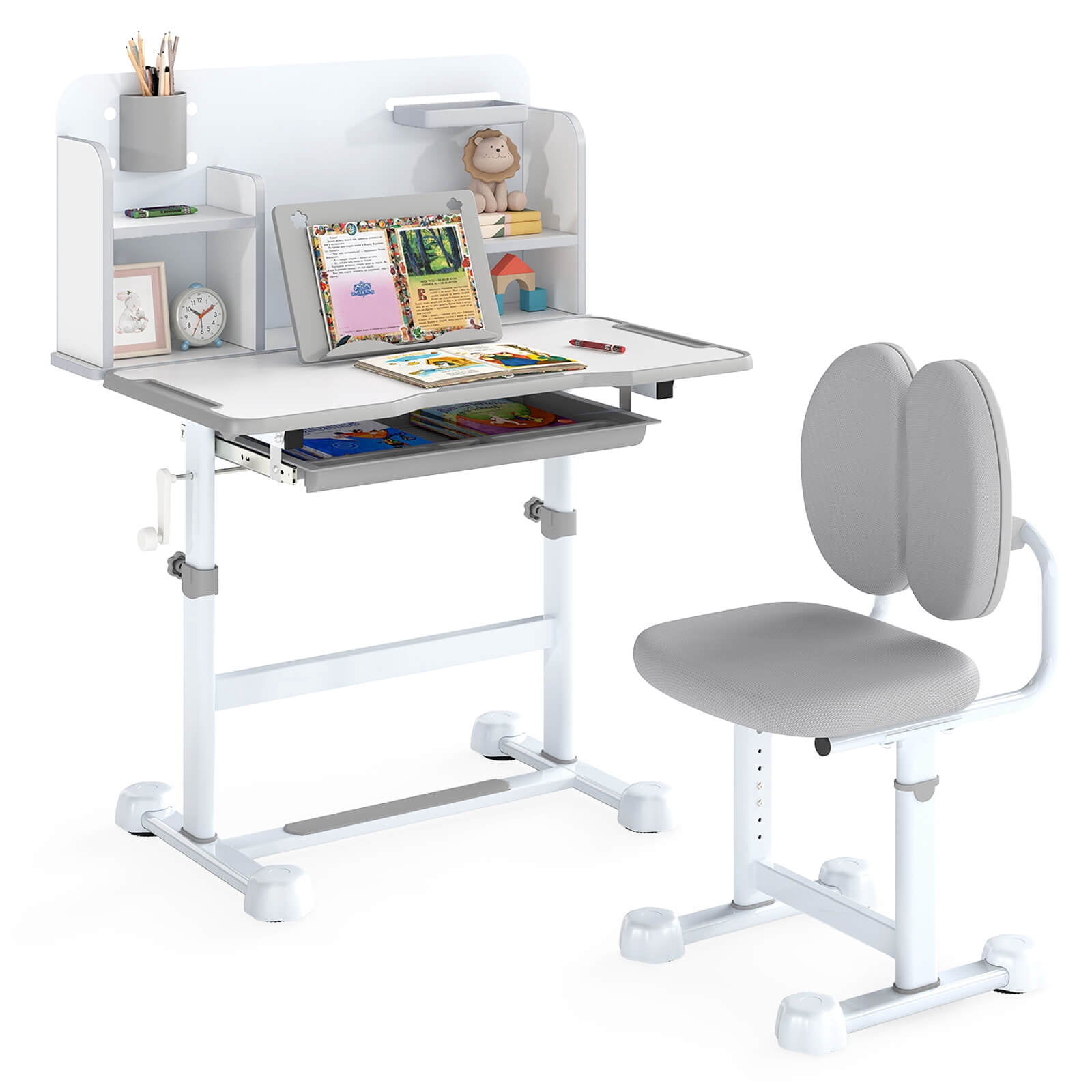 Costway Kid’s Study Desk & Chair Set with Tilt Desktop, Pen Holder & Tray, Reading Stand Gray
