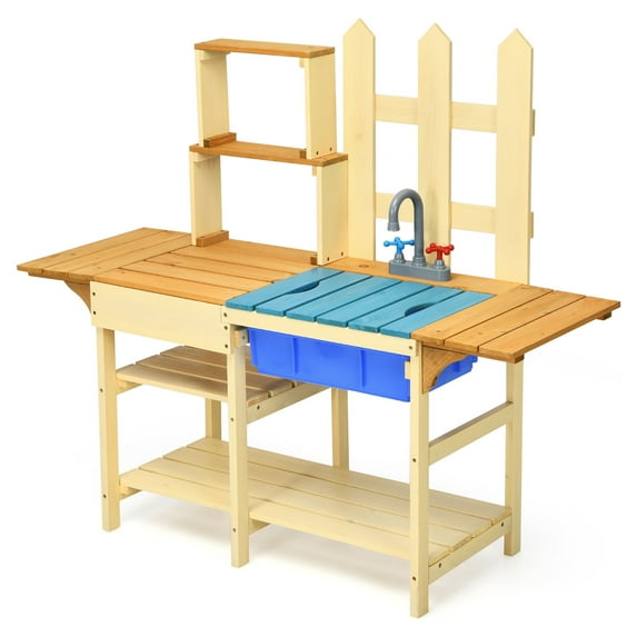 Costway Kid's Wooden Mud Kitchen Pretend Cook Playset Toy for Children, 44.5in x 16in x 39.5in