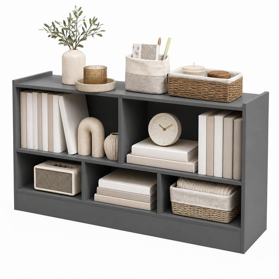 Costway Kids 2-Shelf Bookcase 5-Cube Wood Toy Storage Cabinet Organizer Grey