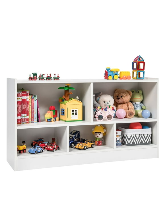 Costway Kids 2-Shelf Bookcase 5-Cube Wood Toy Storage Cabinet Organizer White