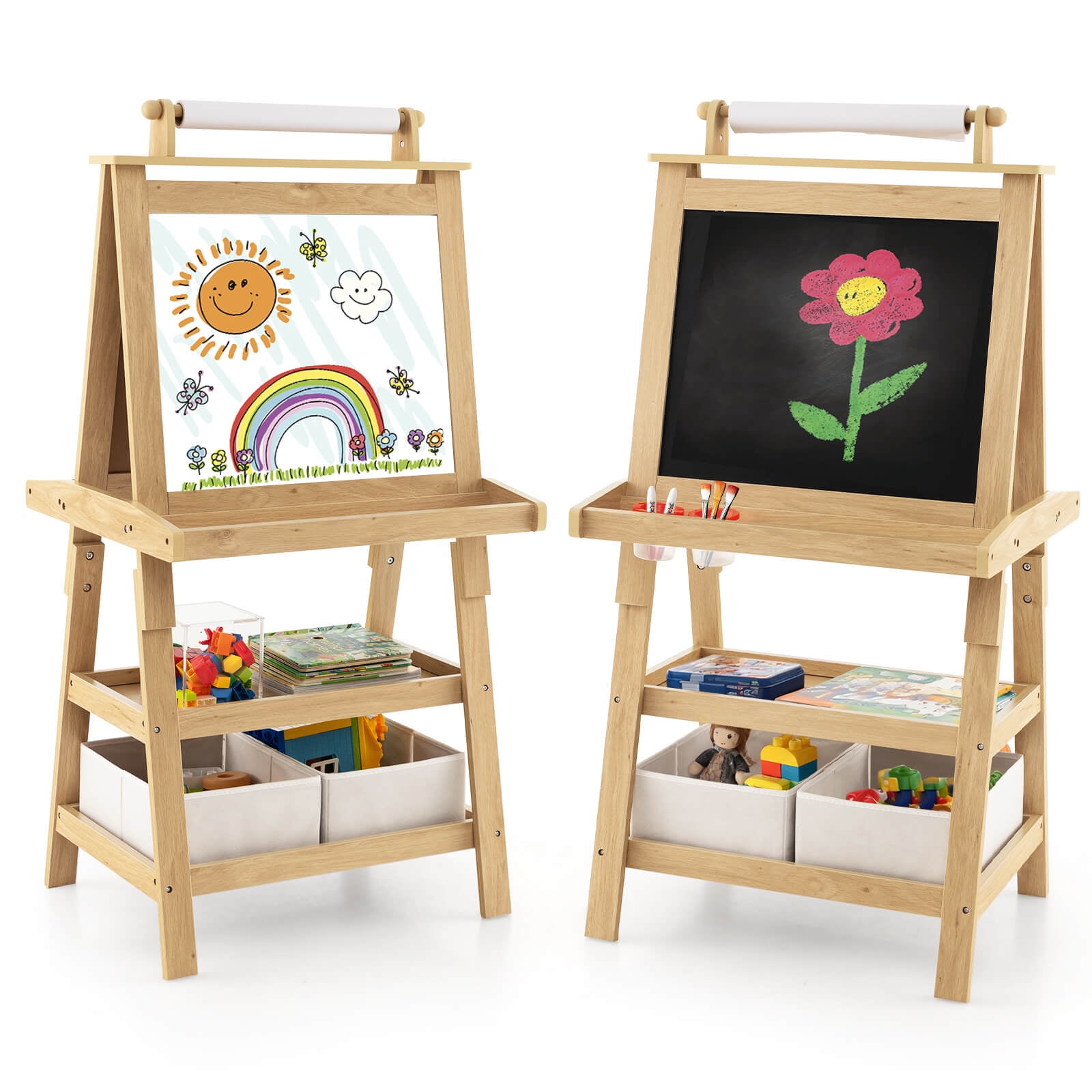 Costway Kids Art Easel Double Sided Chalkboard Magnetic Whiteboard with Storage Tray Pink Natural