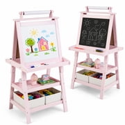 Costway Kids Art Easel Double Sided Chalkboard Magnetic Whiteboard with Storage Tray Pink