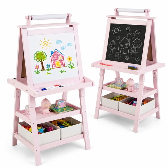 Costway Kids Art Easel Double Sided Chalkboard Magnetic Whiteboard with Storage Tray Pink
