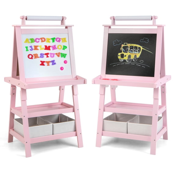 Costway Kids Art Easel Double Sided Chalkboard Magnetic Whiteboard with Storage Tray Pink