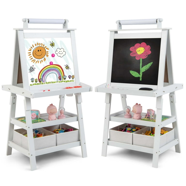 KidKraft Deluxe Wooden Easel with Chalkboard and Dry Erase Surfaces, Paper  Roll and Paint Cups - White, Gift for Ages 3+