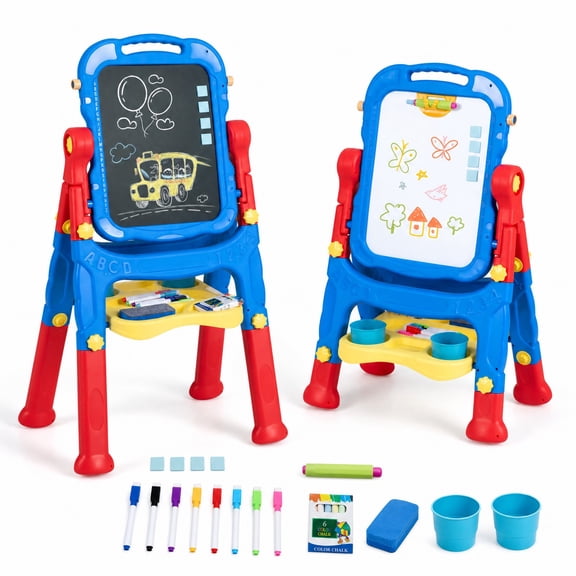 Costway Kids Art Easel Height Adjustable with 22 Accessories Blue and Red Blue Peach Fuzz Blue & Red