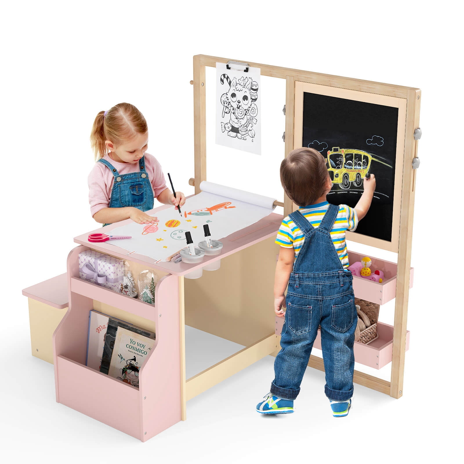 Costway Kids Art Easel & Table & Bench Set with Double-Sided Adjustable Easel, Blackboard Pink