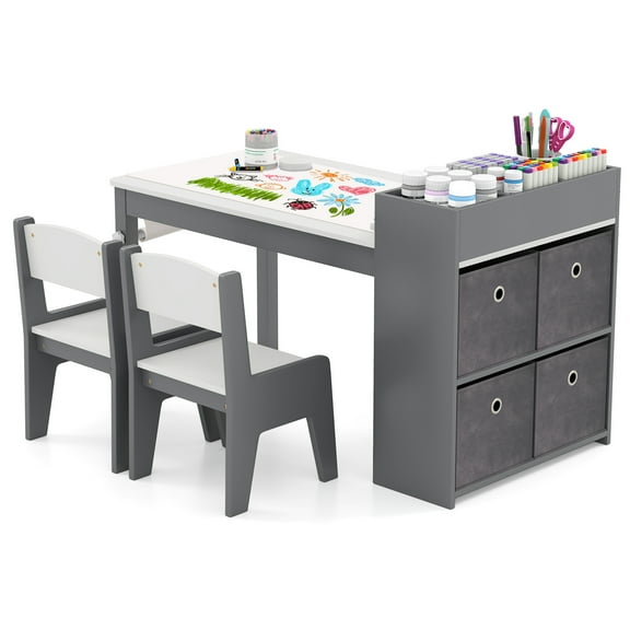 Costway Kids Art Table & Chairs Set with Paper Roll Wooden Craft Study Desk Active Play Gray