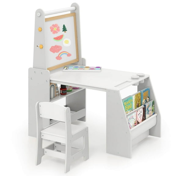 Costway Kids Art Table and Chair Set with Easel & Chair Whiteboard & Chalkboard Paper Roll Gray